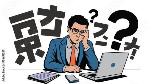 Businessman sitting at desk with laptop and confused expression