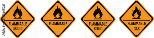 Set of orange flammable liquid solid and gas hazard warning signs vector illustration for industrial safety compliance and chemical labeling