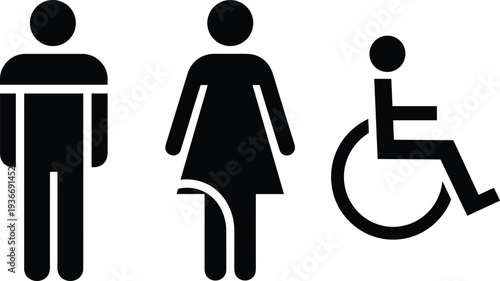 Black and white inclusive restroom sign vector illustration featuring male female gender neutral and wheelchair accessible disability icons on white background
