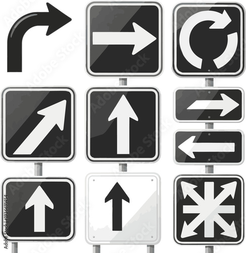 Create a realistic kinds of deferent blank road signs arrows vector art with white background..