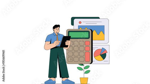 Businessman analyzing financial data with calculator and tablet computer