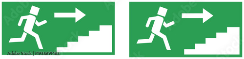 Green emergency exit sign vector illustration with white running man icon arrow and stairs for fire safety and building evacuation
