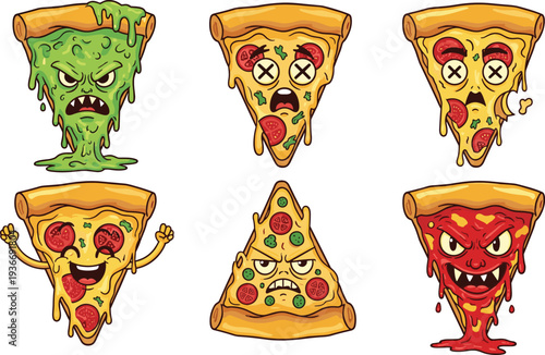 Cartoon pizza slices with various emotions and toppings