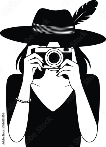 Woman wearing a fashionable hat with a feather taking a photograph using a vintage style camera