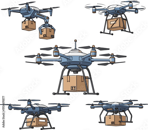 Create a realistic kinds of deferent Delivery concept - Drone multi copter carrying carton box vector art with white background..