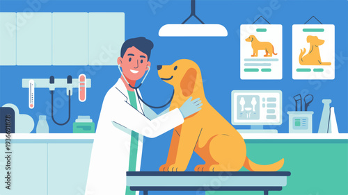 Veterinarian examining golden retriever dog on examination table in clinic