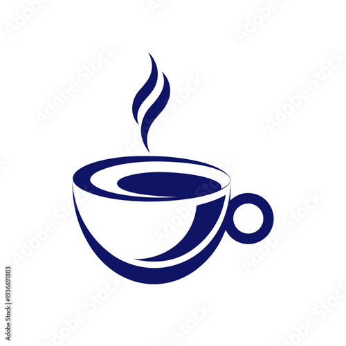 A minimalist blue vector graphic of a steaming cup of coffee