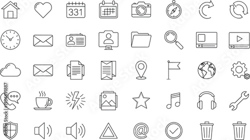 Universal user interface line icon set including home, calendar, camera, email, folder, search, music, settings, and multimedia outline vector illustration