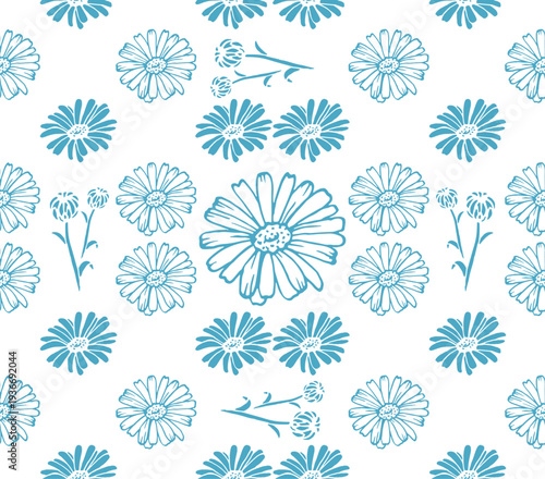 Chamomile or daisy flower. Botanical illustration. Good for cosmetics, medicine, treating, aromatherapy, nursing, package design, field bouquet. Hand drawn wild hay flowers. Seamless pattern