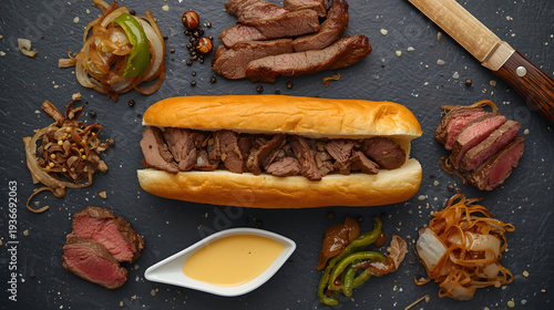 Delicious steak sandwich with grilled meat, sauce, and vegetables on a dark background viewed from directly above