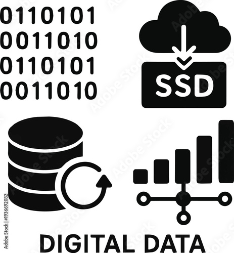 Create a realistic kinds of deferent Digital data vector art with white background..