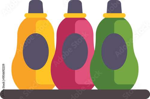 Three colorful bottles of cleaning products for laundry on a shelf
