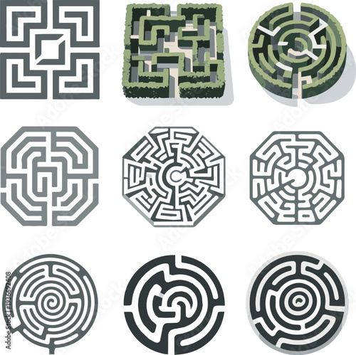 Create a realistic kinds of deferent labyrinth vector art with white background..