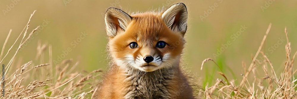 Fototapeta premium Cute Red Fox Kit Sitting in Tall Grass, Adorable Animal in Nature, Beautiful Eyes, Springtime