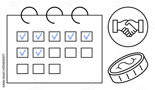 Productivity concept. Calendar with checkmarks s organization and task completion. Productivity linked to agreements and financial growth. For business, planning, finance, teamwork, and productivity