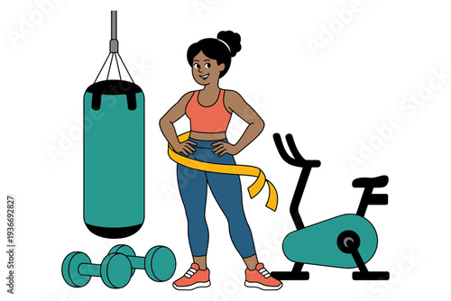 Fitness woman measuring waist with tape in a modern gym setup