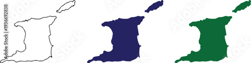 Trinidad and Tobago Map Silhouette Set - Isolated Vector Outline and Solid Icons of Caribbean Islands in Blue and Green