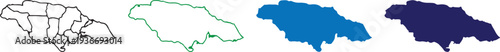 Jamaica Map Vector Silhouette Bundle - Detailed Parish Boundaries, Outlines, and Solid Blue Icons for Caribbean Travel, Education, and Infographic Design