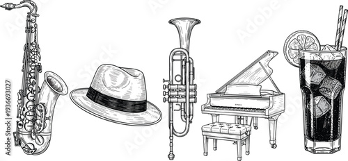 Jazz music elements vector illustration featuring saxophone trumpet piano hat and cocktail drink isolated on white background vintage style