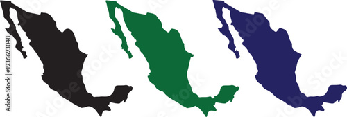 Set of Three Colorful Mexico Map Silhouettes - Vector Style Country Outlines in Black, Green, and Blue for Travel, Business, and Educational Design