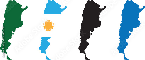 Set of Argentina Map Silhouettes in Multiple Styles: Solid Green, Black, Blue, and National Flag Colors with Sun of May – Flat Vector Geographic Icons for Travel, History, and Business Design.