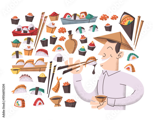 Set of sushi stickers Japanese cuisine elements and satisfied Asian master chef tasting food