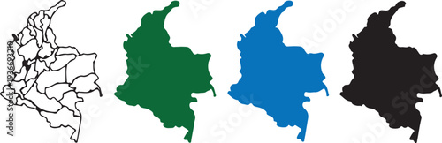 Colombia Map Silhouette Vector Set: Administrative Borders and Solid Color Outlines in Green, Blue, and Black for Infographics and Geography Design