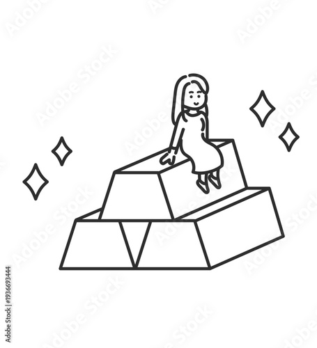 金の延べ棒に座る女性のイラスト　線画のみ