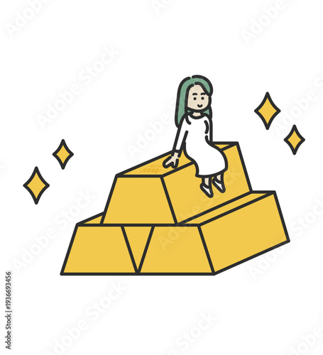 金の延べ棒に座る女性のイラスト