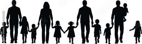 Family silhouettes with parents and children walking together vector illustration isolated on white background parenting love care concept