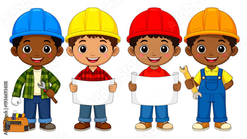 Cartoon construction kids wearing safety helmets, engineer and builder children team, holding tools, blueprint, clipboard, isolated vector, white background