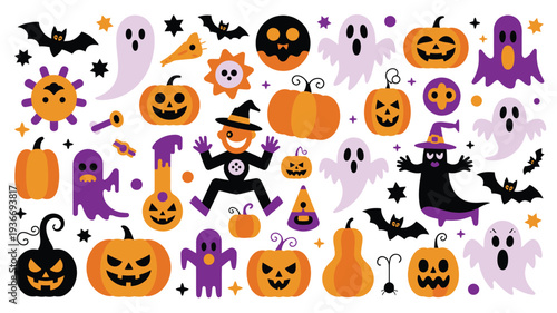 Halloween icons set with pumpkins, ghosts, and bats in vector illustration