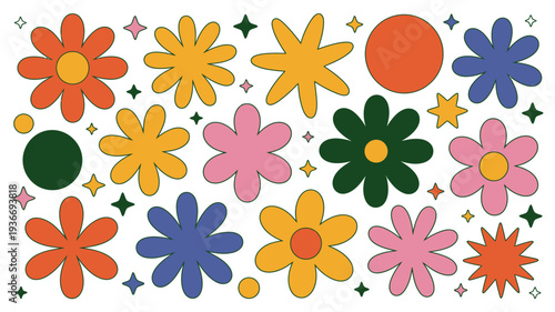 Flower illustration with colorful blooms and stars on white background