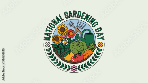 National gardening day logo with colorful flowers vegetables and leafy greens on a light green background