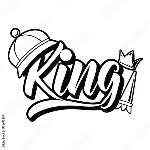 King Graffiti Lettering with Royal Crown and Blue Eye Icon, Urban Streetwear Style Graphic