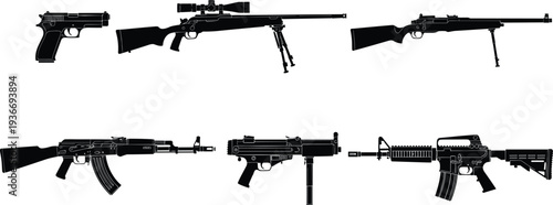 Firearms weapon silhouette vector set featuring pistol sniper rifle assault rifles and tactical guns isolated on white background