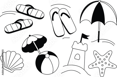 Beach icon set with flip flops and umbrella illustrations