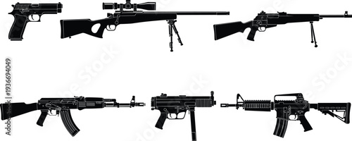 Military firearms collection vector illustration featuring pistol sniper rifle and assault rifles silhouettes isolated on white background tactical weapon set