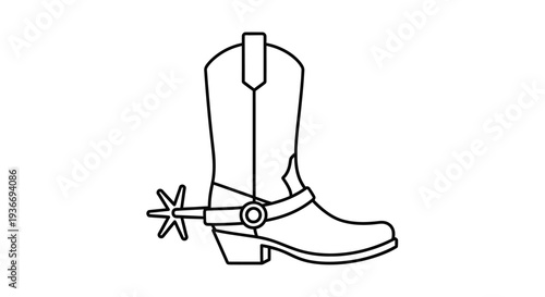 Outline illustration of a classic cowboy boot with a spur, traditional western wear on an isolated white background.
