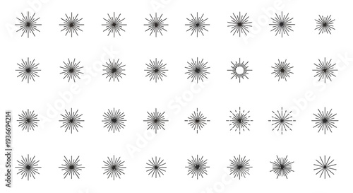 Foto Diverse collection of starburst radial line icons, depicting sparkle and shine, isolated white background