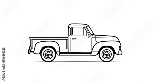 Classic Vintage Pickup Truck Outline Side View Illustration on Isolated White Background