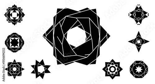 A collection of black and white geometric abstract shapes and star patterns, suitable for design elements or icons.