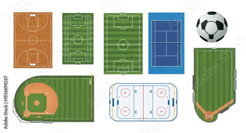 Collection of Various Sports Fields and a Soccer Ball.