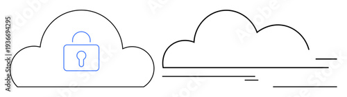 Cloud icon with a lock symbolizes security. Adjacent fast-moving cloud conveys data speed. Ideal for cybersecurity, cloud access, online storage, technology, data transfer, internet safety, simple