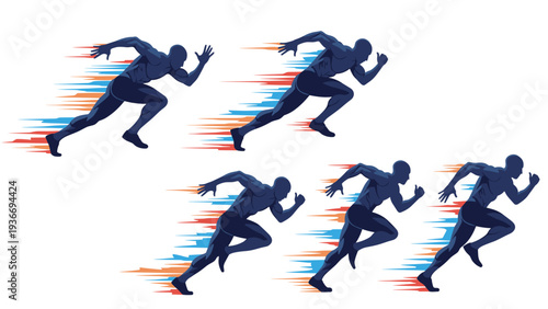 Silhouettes of male sprinter in various stages of running with colorful motion streaks representing speed, agility, and athletic energy.