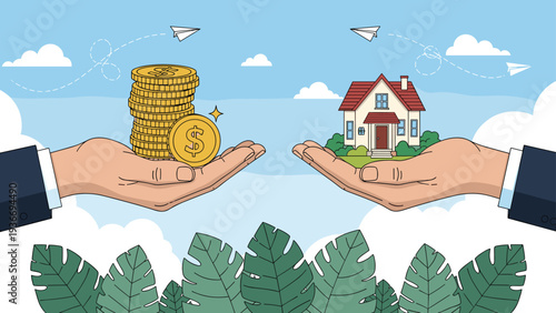 Conceptual image of hands comparing stack of gold coins and small house against blue sky background for real estate investment themes.