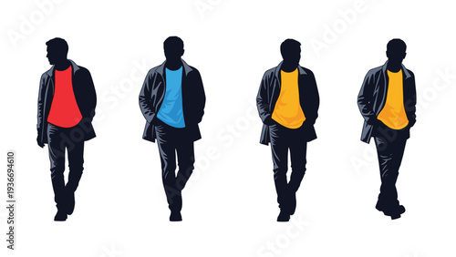 Sequence of four silhouettes of walking man in stylish jackets with colorful t-shirts representing individual style and motion.