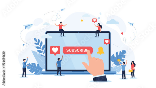 Group of people interacting with laptop showing subscribe button while giant hand clicks it representing social engagement and community.
