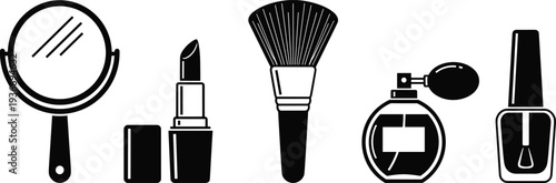 Beauty and cosmetics icon set vector illustration featuring mirror lipstick makeup brush perfume bottle and nail polish isolated design