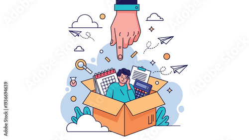 Giant hand pointing at stressed man sitting in cardboard box with office tools symbolizing work pressure and feeling trapped in career.
